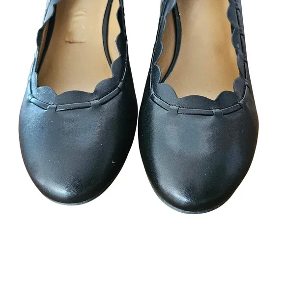 Jack Rogers Women's Black Leather Scalloped Whipstitch Wedge Pumps Shoes 7.5 - Picture 3 of 7